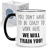Palasarkaaa Funny Novelty Coffee Mug 11oz for Coworkers - You Don't Have to Be Crazy to Work Here We Will Train You Cup, Appreciation Christmas Birthday Friendship Gifts for Colleague Women Men