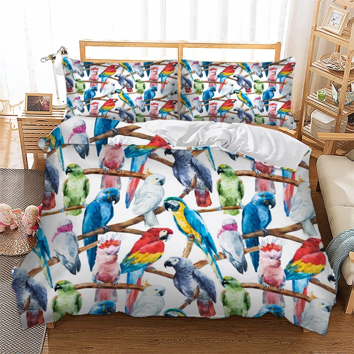 Lunoroey Parrot Duvet Cover Set King Size Colourful Bedding Set for Boys Girls Kids Youth Teens Macaw Budgerigar Bird Duvet Cover Novelty Tropical Animal Decor 3D Printed Comforter Cover Quilt Cover