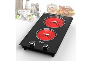 VBGK Electric Cooktop,3000W Built-in & Countertop Electric burner,Electric Stove Top with 9 Heating Level,Child Safety Lock, Timer, LED touch Knob Control,2 Burner Electric Cooktop（No Plug)