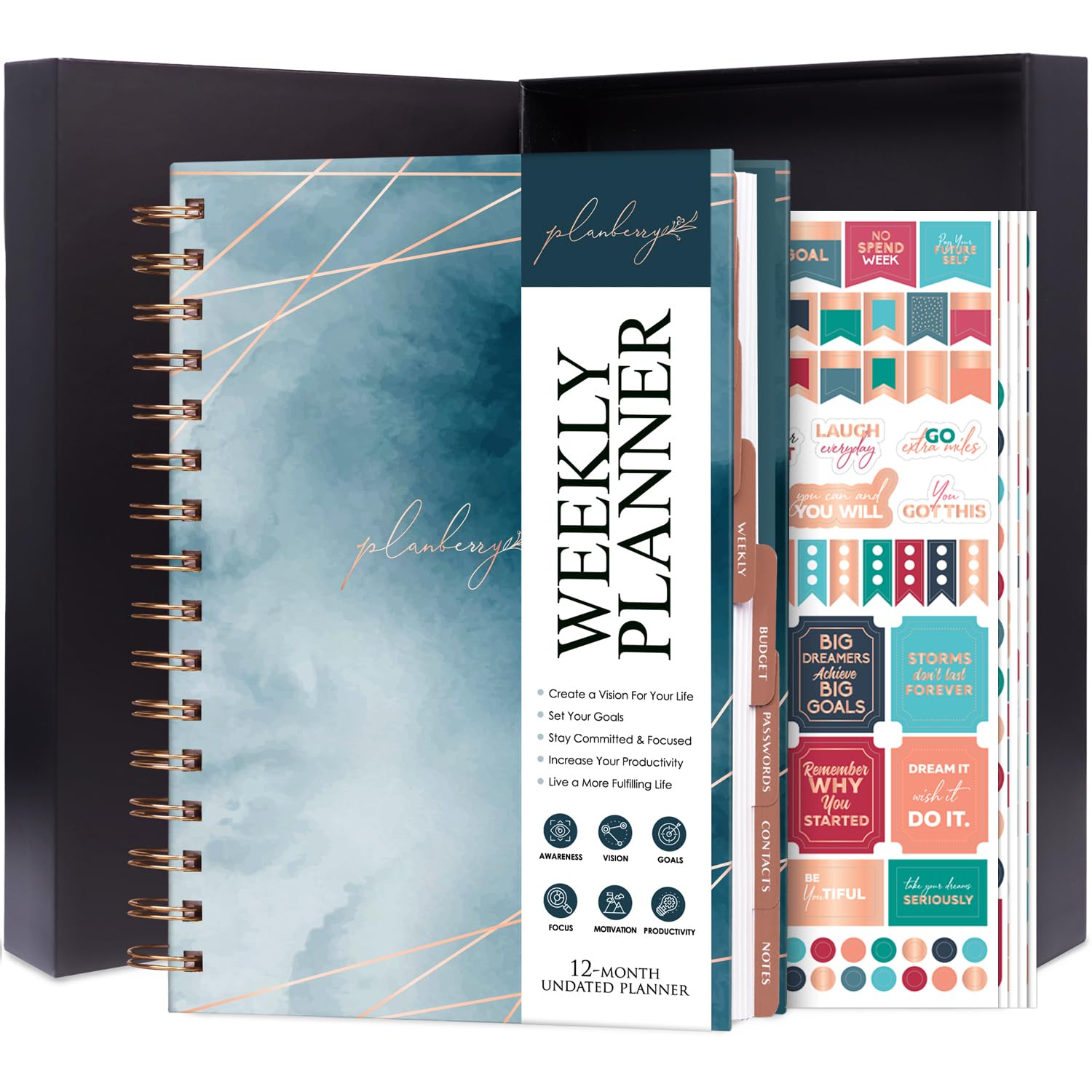 PLANBERRY Weekly Planner – Elegant Life & Budget Planner to Hit Your Goals & Live Happier – Organizer & Productivity Journal – 17.5 x 21.5cm Hardcover, Undated + Stickers (Ocean Depths)
