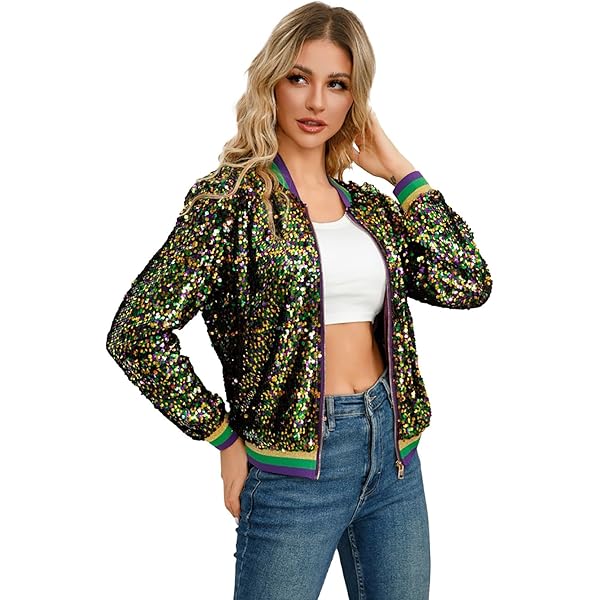 MARDIGRAS STRECH FOOD JAKET 清春　ジャケット Amazon.com: Hzongs Mardi Gras Sequin Jackets For Women