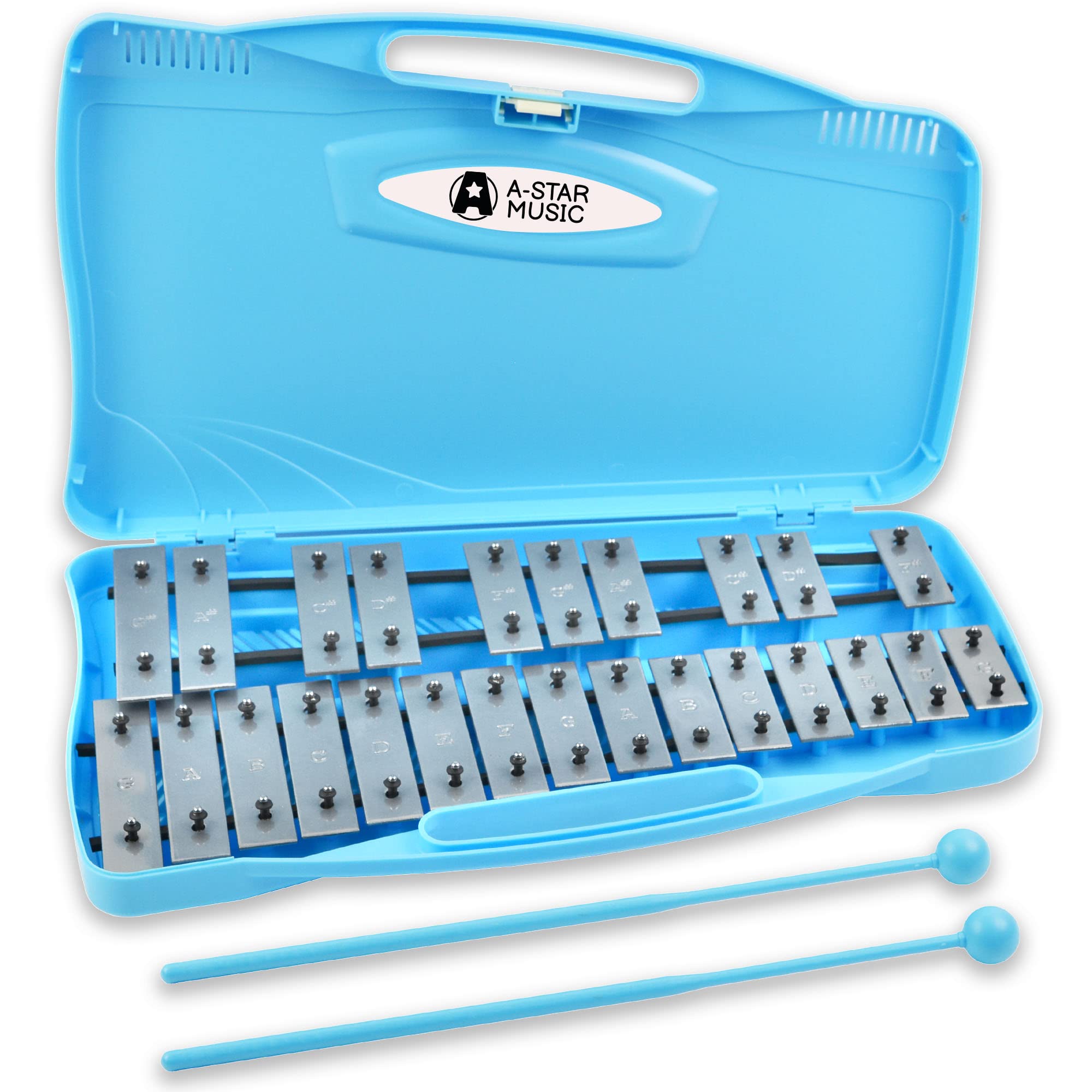 A-Star 25 Note Soprano Chromatic Glockenspiel Xylophone in Blue Case with Silver Keys and Two Plastic Beaters - 2 Octaves G5 to G7