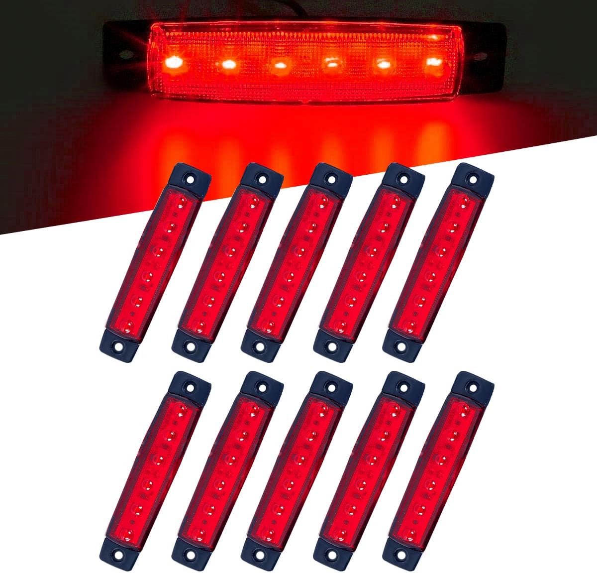 10Pcs Red 6 LED Side Marker Indicators,Rear Tail light,Underglow Kit, Wheel Well Lights Universal fits Trailer Truck Lorry HGV Bus Boat Rv Lorries Jeep Suv etc