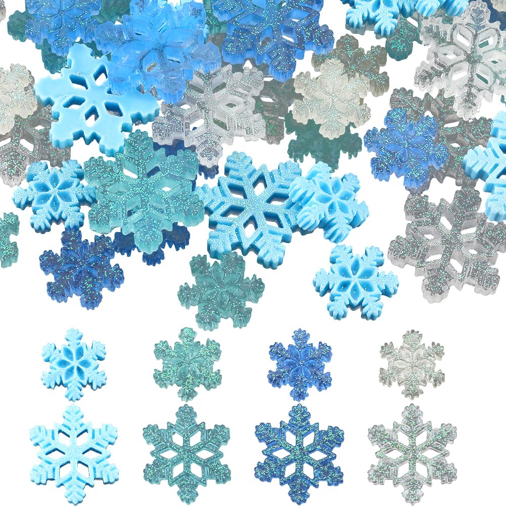 SUNNYCLUE 80Pcs 8 Styles Small Snow Cabochons Resin Snowflake Christmas Bulk Multi Size Translucent Blue Snowflake Cabochons Winter Charm Decoration for Album Embellishment Scrapbook Tree DIY Decor