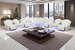 A Ainehome Living Room Furniture Sets, Power Reclining Sectional Sofa Set with LED Light, Leather Sectional Couches, Power Recliner Sofa Loveseat Sets with 6 Recliner Seats, Cup Holder,Creamy White