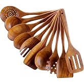 OBreezify 10 Pcs Teak Wood Kitchen Utensil Set Handmade Cooking Tools | Includes Spoons Spatulas Forks, Heat Resistant Nonstick Safe, Durable Wooden Cookware for Daily Cooking, Natural Grain