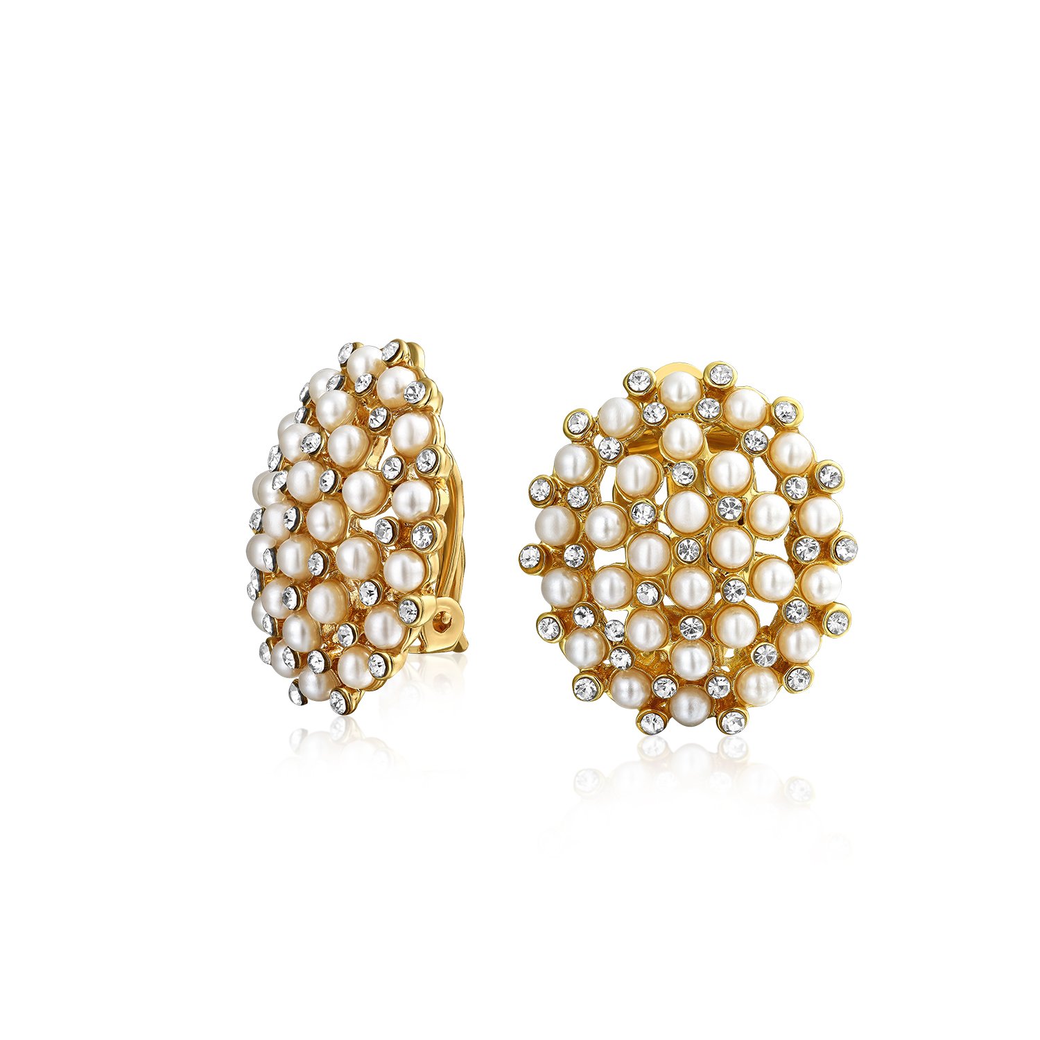 Art Deco Style Geometric Round White Cluster Simulated Pearl Fashion Clip on Earrings For Women Gold Plated