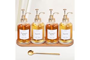 SHANNA Coffee Syrup Dispenser for Coffee Bar, 16.9oz 500ml Glass Syrup Dispenser w Golden Coffee Scoop, Coffee Syrup Pump Dispenser w 36 Labels and Bamboo Tray, Coffee Syrup Bottles with Golden Pump, 4PCS