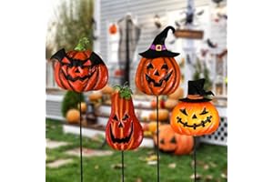 ALLADINBOX Halloween Pumpkin Stakes Metal Jack o Lantern Spooky Faces and Witch’s Hat with Shimmering Powder, Garden Yard Signs, Outdoor Party Decor Set o 4