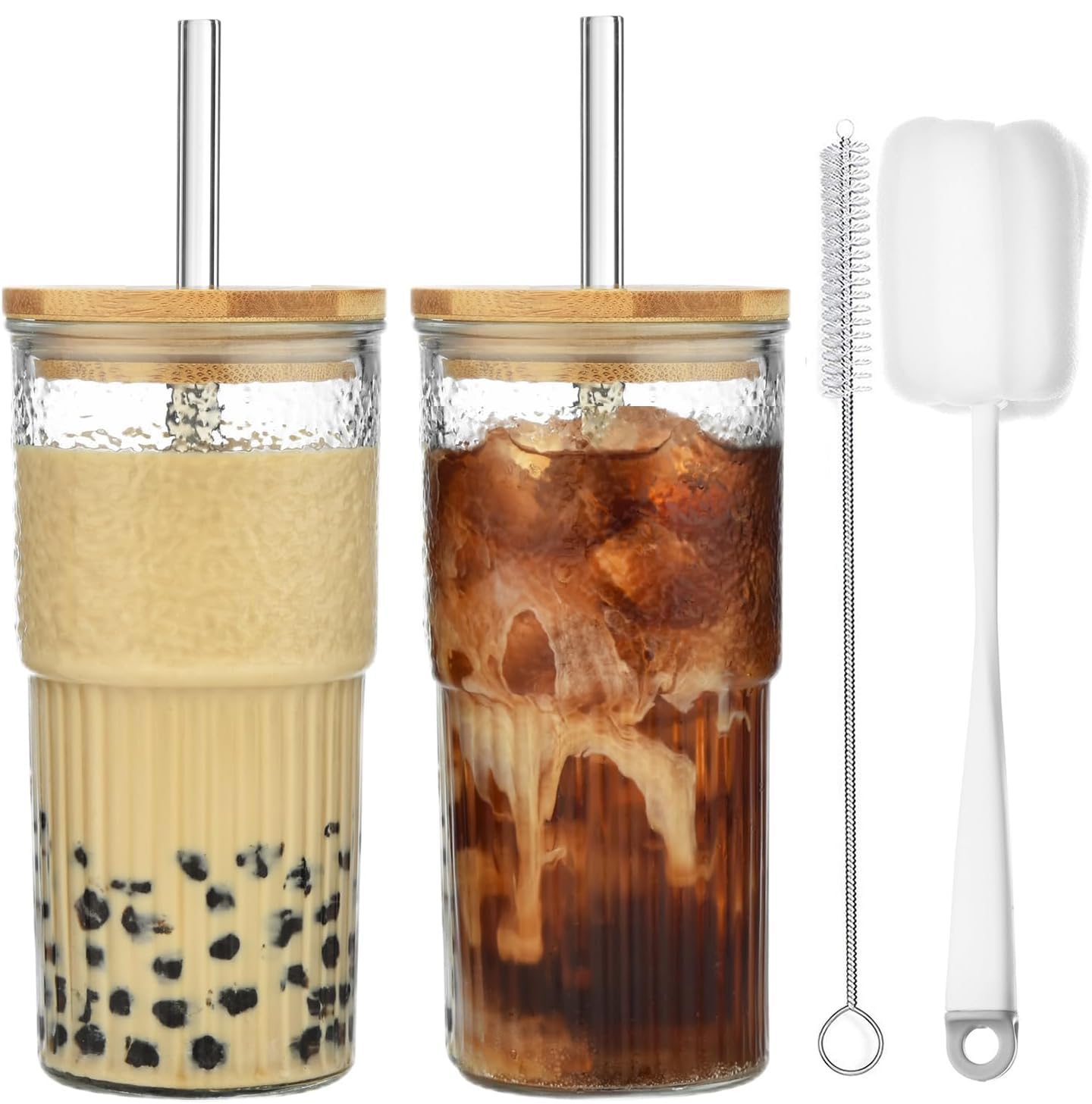 VITEVER 2 Pack 22oz Glass Cups with Lids and Straws, Glass Tumbler with Straw and Lid, Mason Jar Drinking Glasses Iced Coffee Cup for Long Drinks, Water, Cocktail, Whiskey, Soda