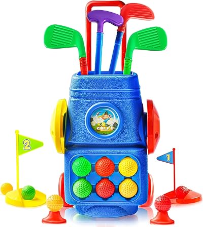 Doloowee Kids Golf Set Toddler Golf Clubs 4 Color Sticks 6 Balls 2 Holes Toy