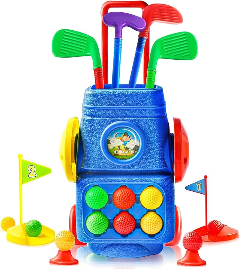 Doloowee Kids Golf Set Toddler Golf Clubs 4 Color Sticks 6 Balls 2 Holes Toy