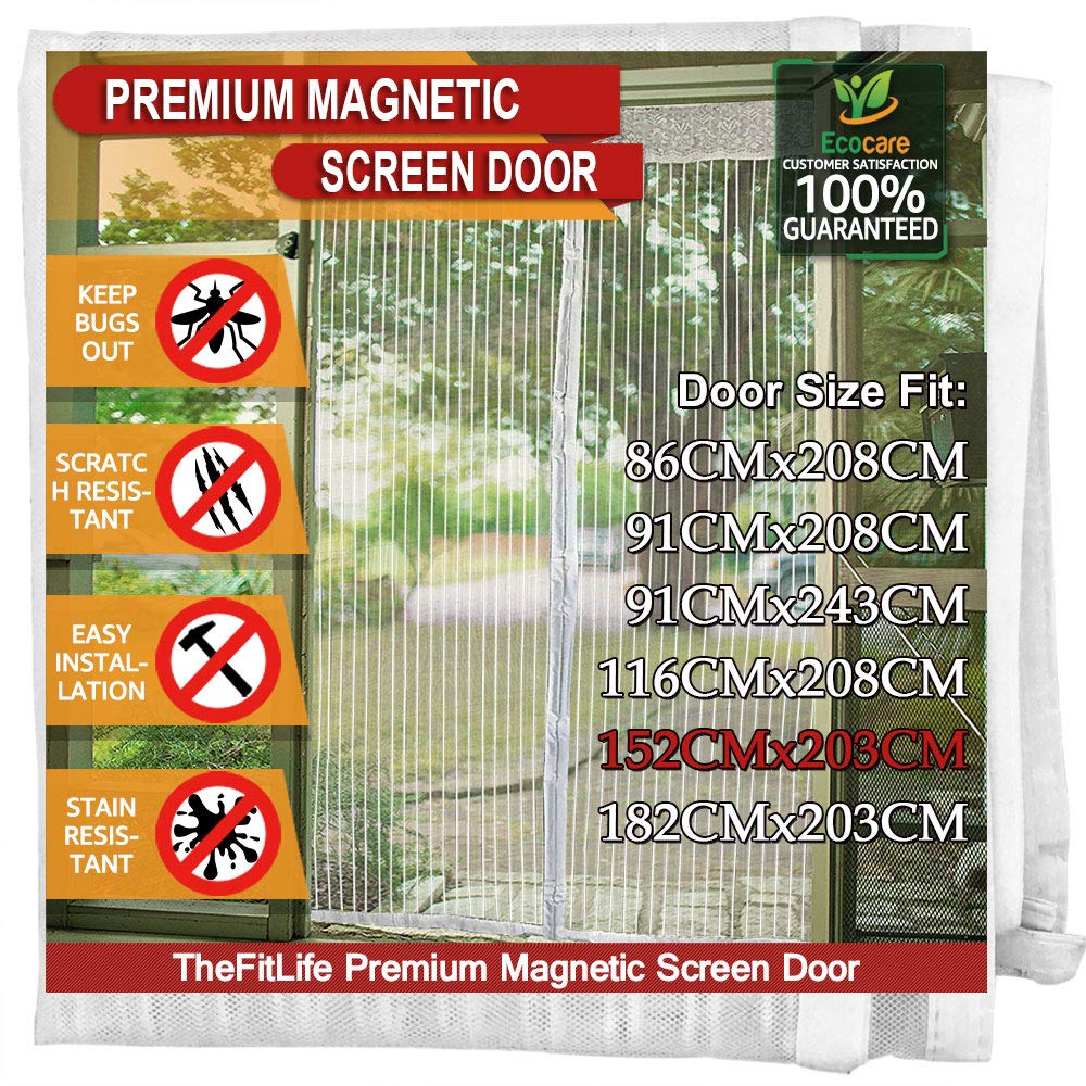 TheFitLife Magnetic Fly Screens for Doors - Heavy Duty Mesh Curtain with Full Frame Hook and Loop Powerful Magnets That Snap Shut Automatically
