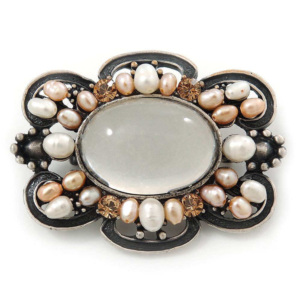 Vintage Inspired Light Grey Glass, Freshwater Pearl Oval Brooch In Antique Silver Tone - 48mm Width