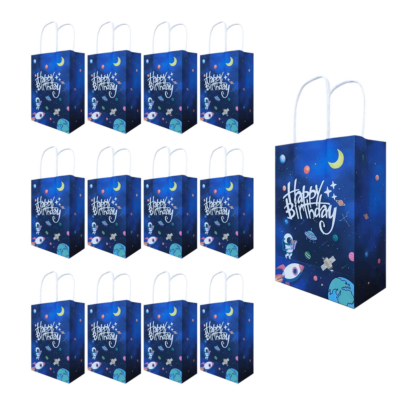 Photo 1 of 20 Pcs Outer Space Party Present Bags Astronaut Happy Bday Party Treat Bags with Handles Two the Moon Candy Bags for Space Man/Robot/Galaxy/UFO Theme Happy Birthday Baby Shower Party Decorations