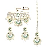 Aheli Kundan & Beads Studded Ethnic Choker Necklace Chandbali Earrings Maangtikka Set Traditional Bharatanatyam jewellery set Gift for Women