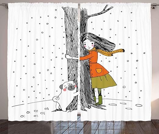 Amazon Com Ambesonne Dog Curtains Young Girlnd Pug Dog Holding