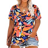 CARCOS Womens Plus Size Tops Short Sleeve Shirts V Neck Tunic Floral/Aniaml Blouses XL-5X