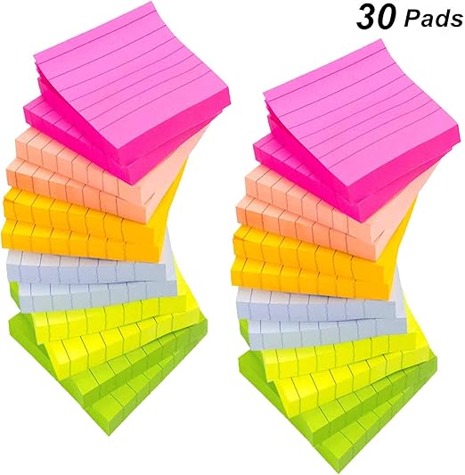 30 Pack Lined Sticky Notes 3x3 Bulk, Bright Colorful