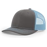 Richardson 112 Hat Structured Classic Trucker Snapback Cap, Adjustable, Charcoal/Columbia Blue