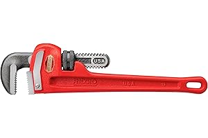 RIDGID 31015 Heavy-Duty Straight Pipe Wrench, 12" Sturdy Plumbing Wrench with Self Cleaning Threads and Hook Jaws, Red, Small