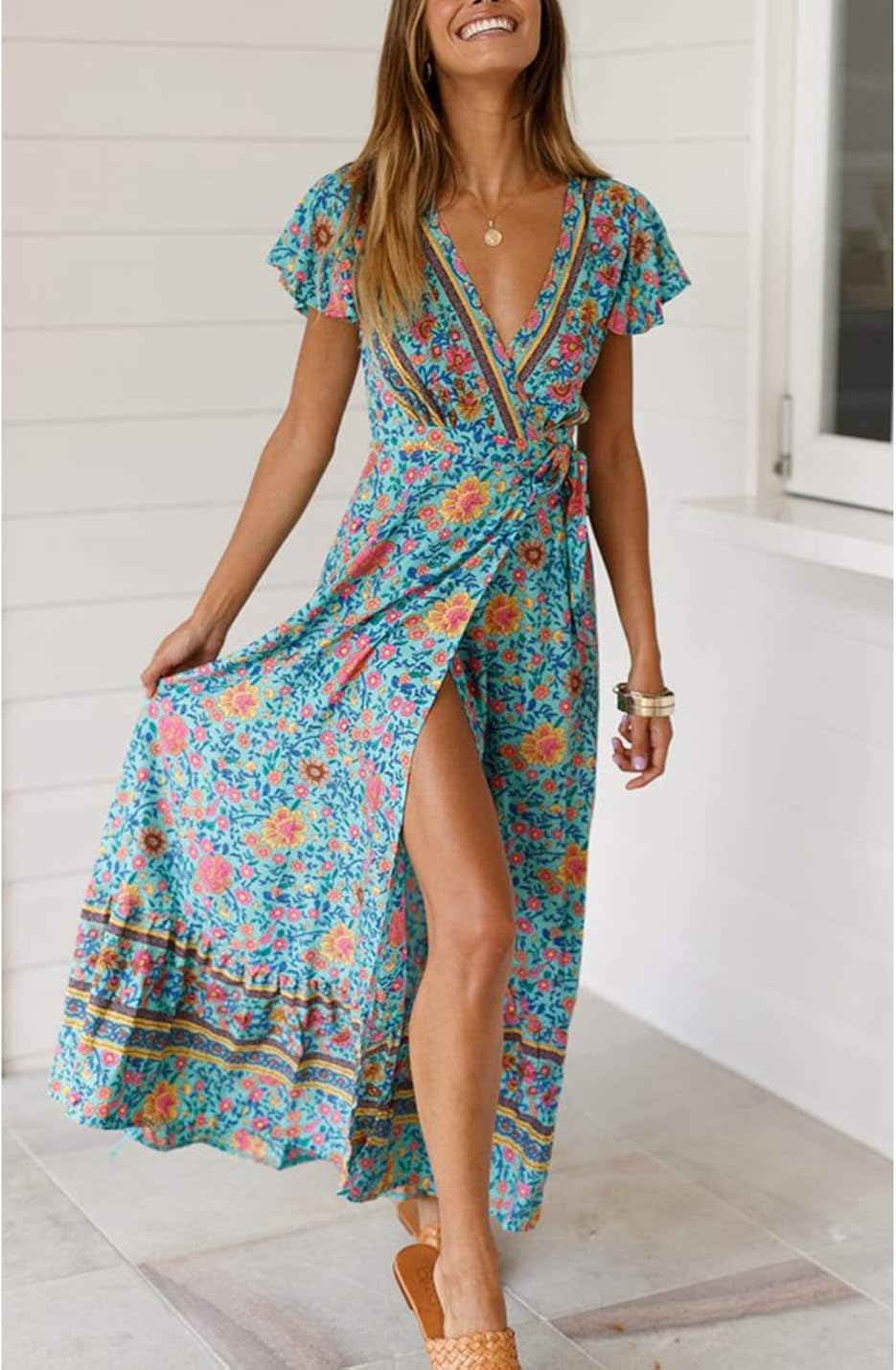 Vestidos De Playa Para Mujer Bohemio Largo Verano Floral Wrap High Slit Manga Corta Cuello En V Talla Vacaciones Coctel Maxi Vestido Mujer Ropa Konter Com Mx