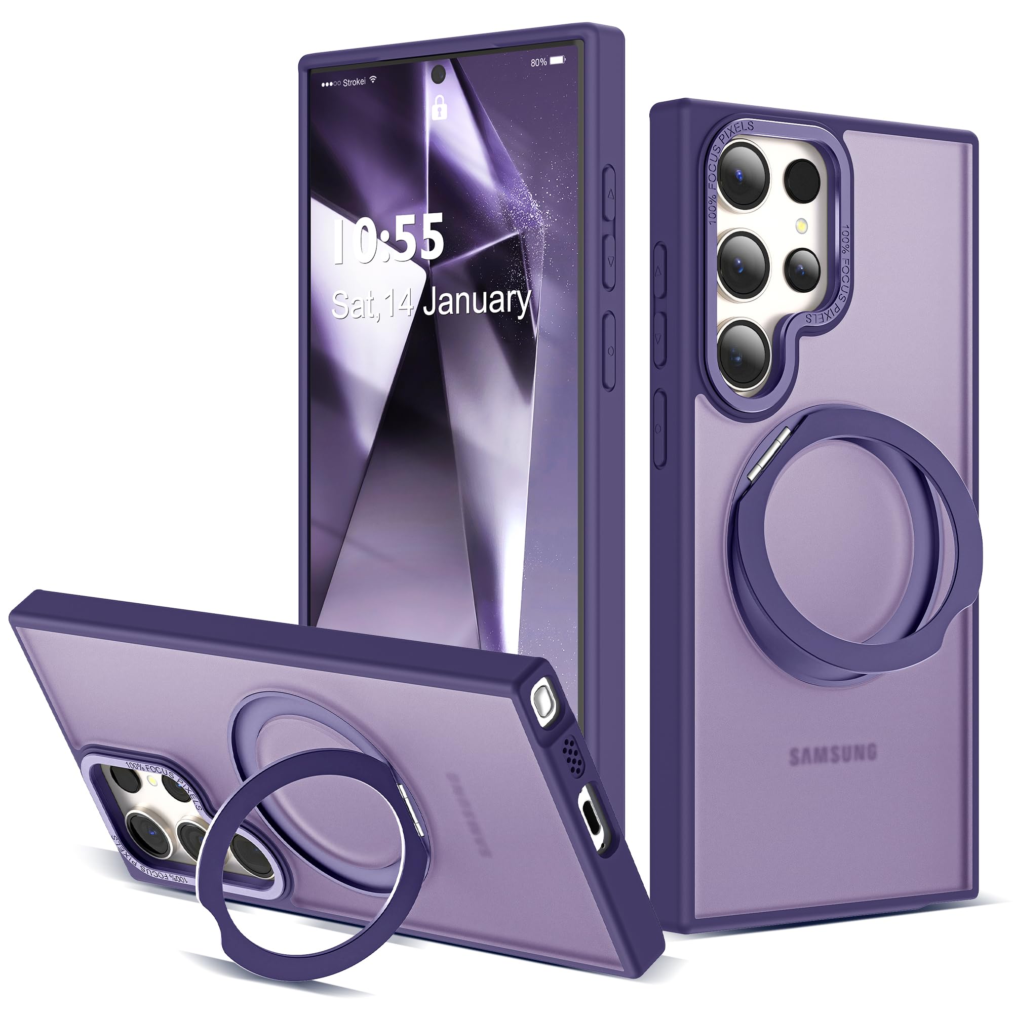 Photo 1 of Zalinbo Compatible with Samsung Galaxy S24 Ultra Case with 360Rotatable Magnetic Ring Stand Compatible with Mag-Safe Military Protection Matte Translucent Phone Cases for S24 Ultra 6.8",Dark Purple