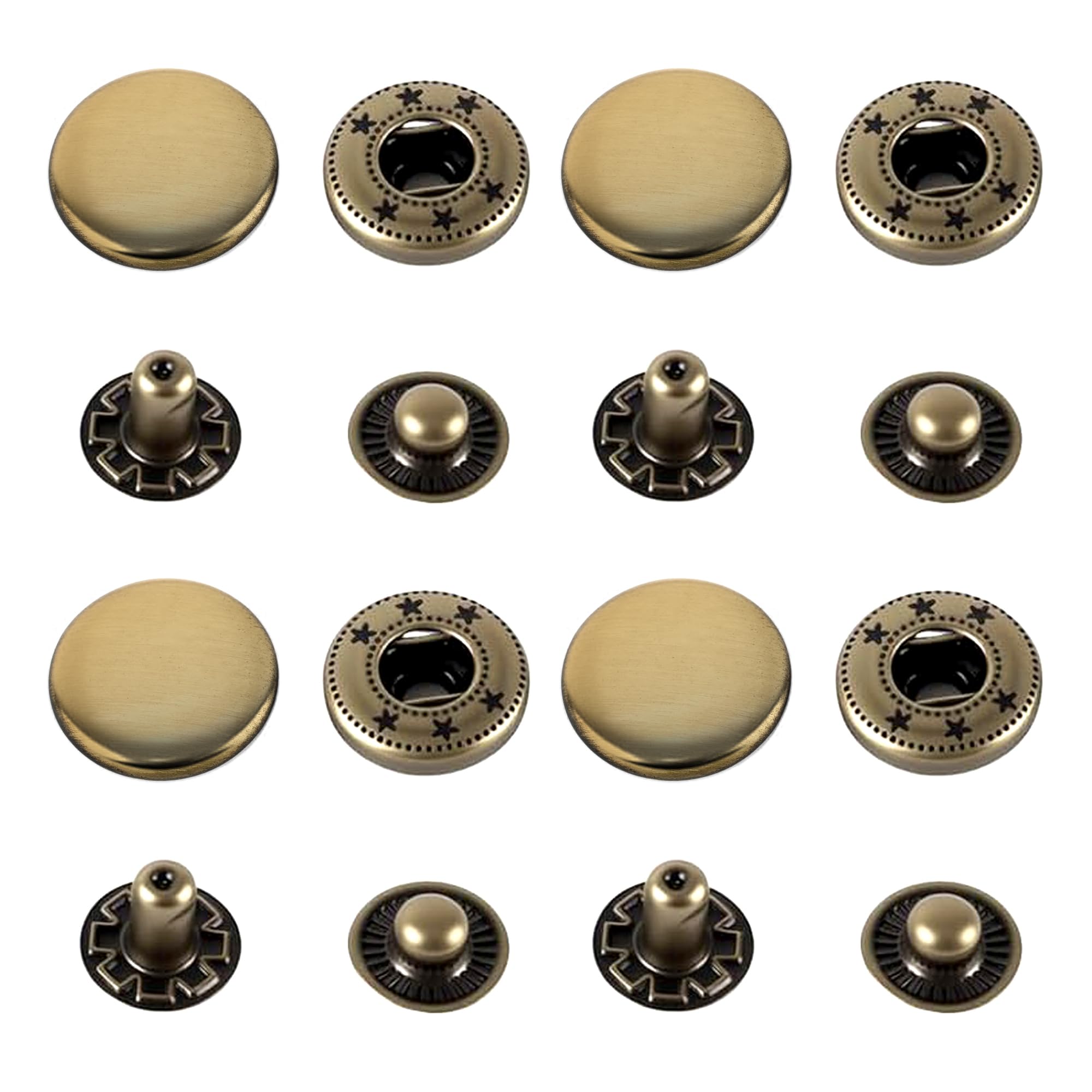 CRAFTMEMORE 10 Pack Snap Fasteners Color Plated Solid Brass Metal Snaps Heavy Duty Press Stud S-Spring Poppers Button VT8#831 (15 mm, Brushed Brass)