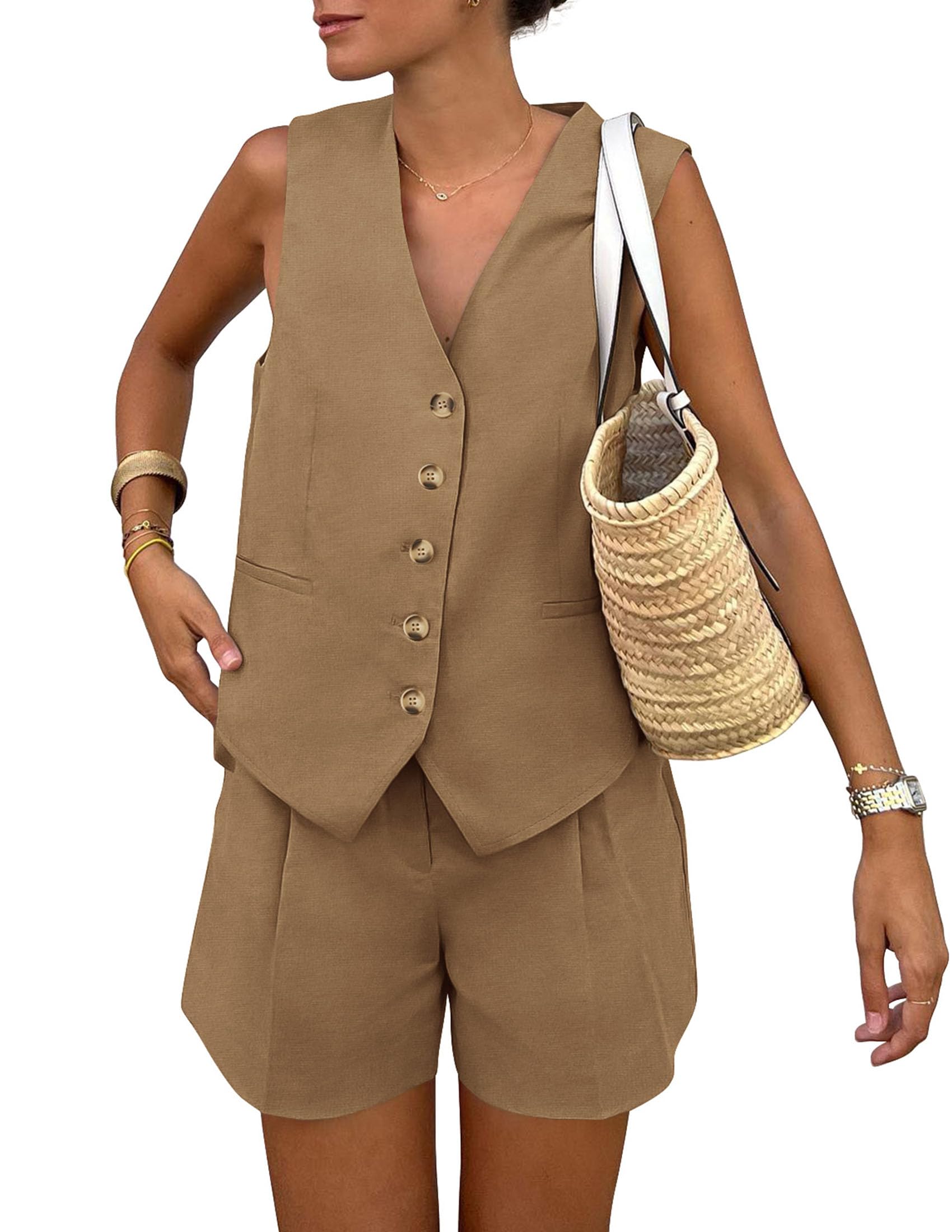 Photo 1 of PRETTYGARDEN Women's Summer 2 Piece Outfits Sleeveless Matching Sets Button Down V Neck Vest Waistcoat and Pockets Shorts (Coffee,Small)