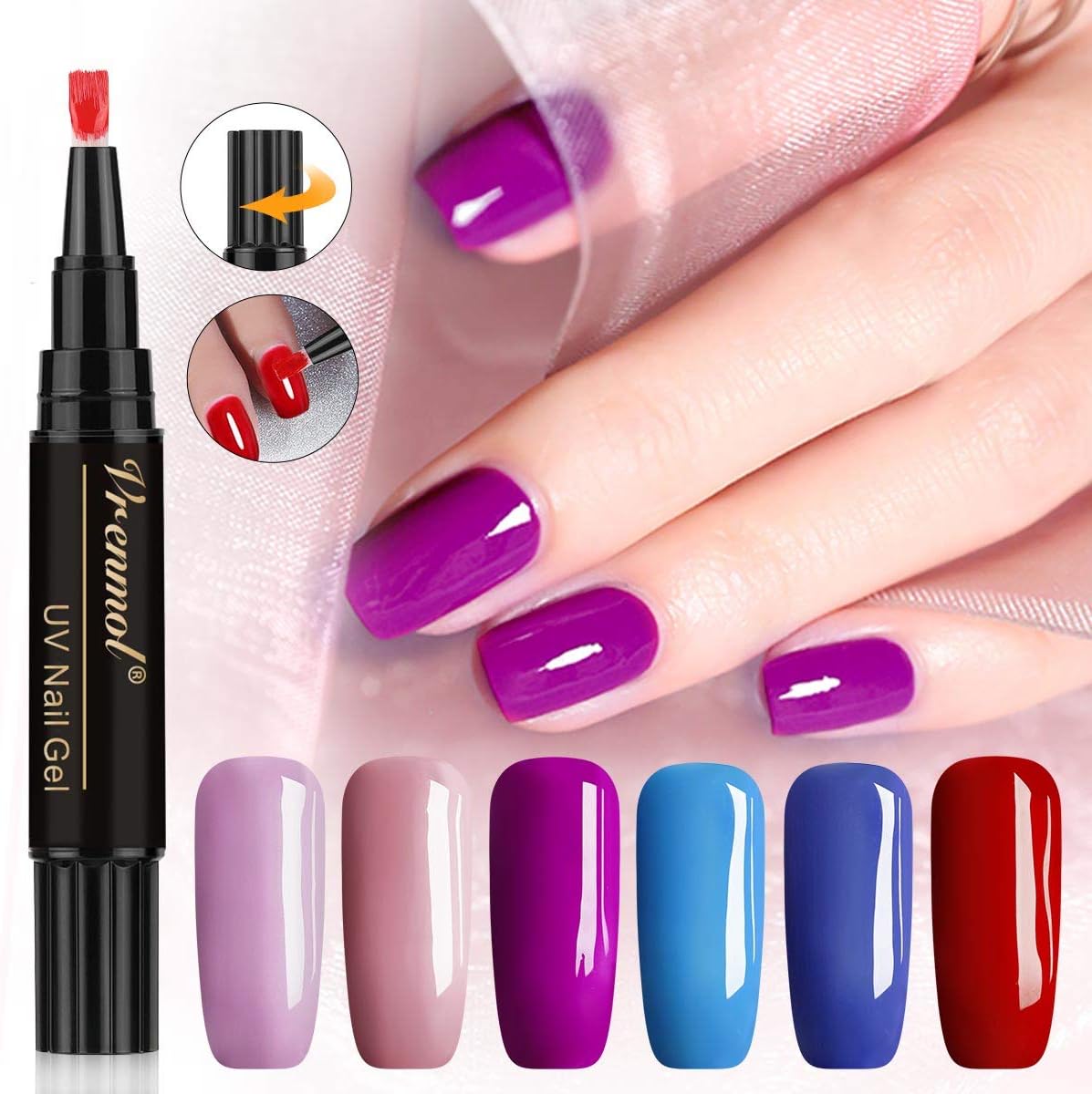 Vrenmol One Step Gel Nail Polish Pen,3 in 1 Soak Off UV LED Nail Varnish Nail Art Kit,No Base Top Coat Need,Hybrid 6 Colors Easy to Use UV Gel Lacquer