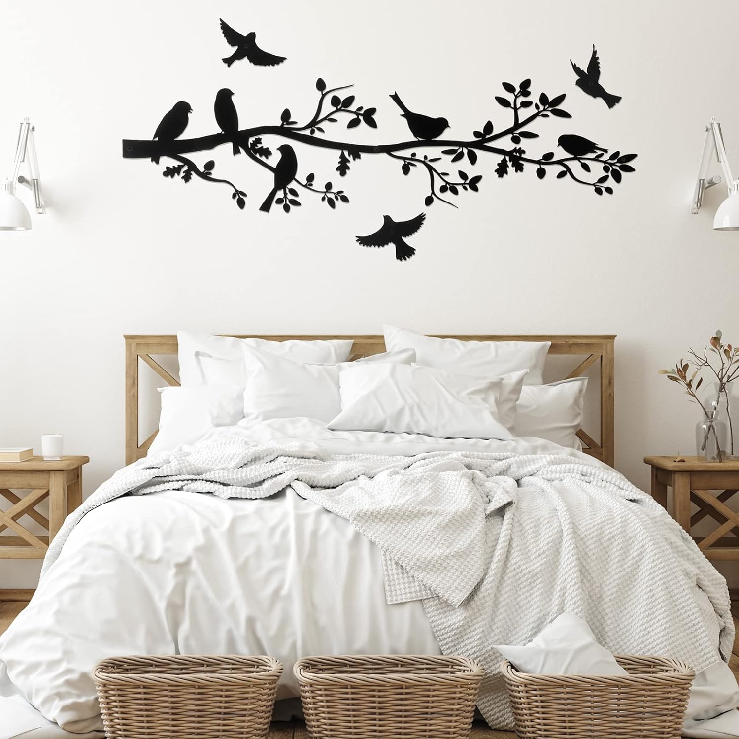 Plaques & Wall Art - Youyole 5 Pcs Metal Bird Wall Art Birds on The Branch Metal Wall Art Decor Hanging Leaves with Birds Ornament Silhouette for Indoor Outdoor Home Office Balcony Garden Decor, black