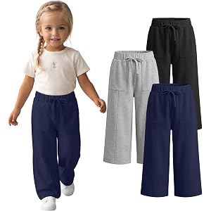 JoyMotion 3 Pack Toddler Girl Wide Leg Sweatpants | Kids Open Bottom Pants, Elastic Drawstring Waist, Pockets, Soft Comfy, At