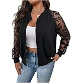WDIRARA Women's Plus Size Lace Zip Up Bomber Jacket Mesh Long Sleeve Outerwear