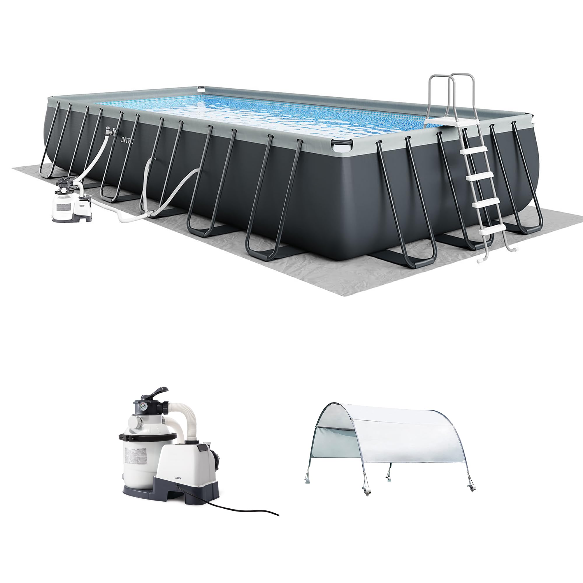 INTEX 26367EH 24'x12'x52" Ultra XTR Frame Outdoor Above Ground Swimming Pool Set with Sand Filter Pump, Ladder, Ground Cloth & Protective Canopy