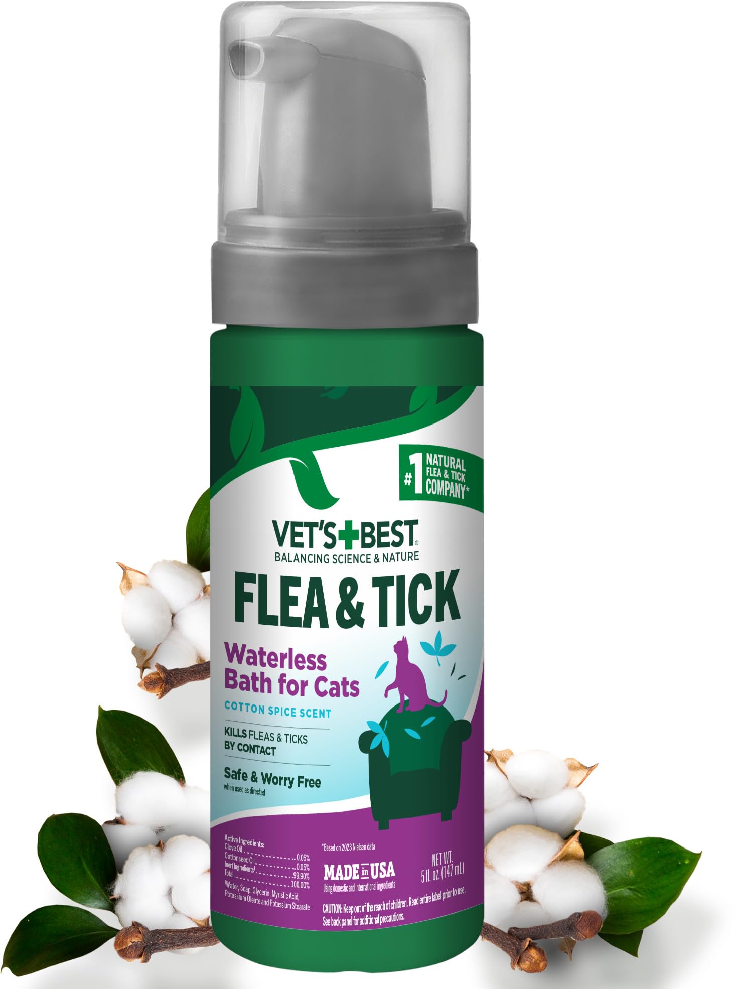 Photo 1 of Vet's Best Natural Waterless Flea & Tick Bath for Cats – Natural No-Rinse Dry Shampoo with Plant-Based Ingredients – Flea and Tick Prevention and Control with Certified Essential Oils – 5 oz Bottle