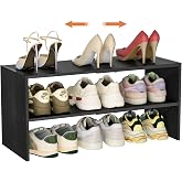 Black Shoe Rack Organizer for Closet, 2-Tier Expandable Shoe Shelf, Stackable Iron Wood Combination Small Shoe Racks Shelves for Closets, Entryway,Small Space,Hallway,Garage,6-12 Pairs
