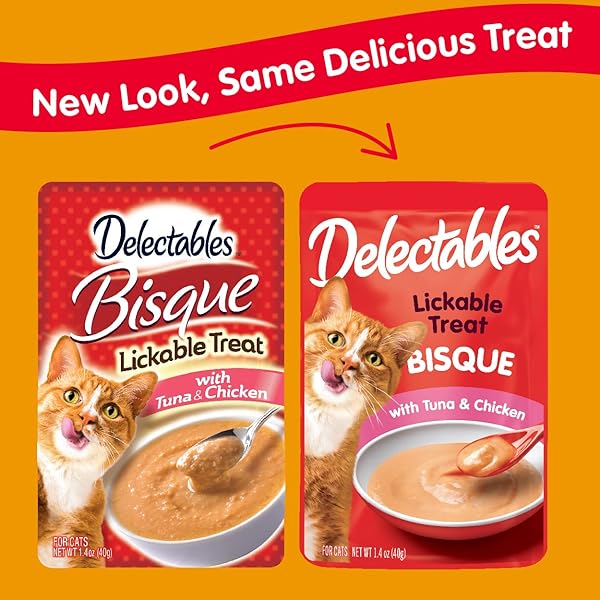 DELECTABLES LICKABLE TREAT BISQUE NON-SEAFOOD WET CAT TREAT WITH REAL TUNA & CHICKEN, FOOD TOPPER, HYDRATING, GRAIN-FREE, NO FILLERS, BY-PRODUCTS, ADDED PRESERVATIVES, 1.4OZ POUCH, 30CT