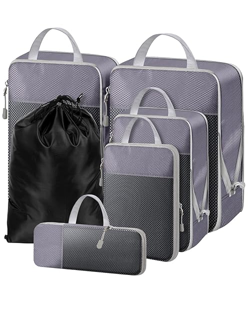 NMNGB Compression Packing Cubes for Carry on Suitcase, 6 Set Travel Luggage Packing Organizer Bag with Mesh, Extensible Luggage Suitcase, Multifunction Organisers, Grey