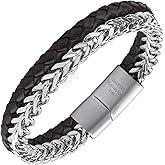 HASKARE Mens Real Leather Chain Bracelet - Brown Braided Leather Bracelet with Classic Chain Solid Cuban Link Chain Leather Bracelets, Trendy Jewelry Gift for Men Father (8, Brown)
