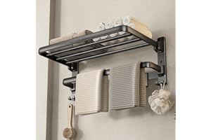 VOLDRA Towel Racks for Bathroom, 24-Inch Towel Shelf with Towel Bar Foldable Towel Holder with 7 Hooks Towel Storage Organizer for Bathroom & Lavatory Wall Mounted(Matte Black)