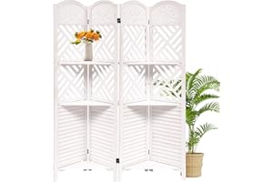 White Wood Room Divider with Shelves, 4-Panel Folding Pegboard Partition – Freestanding Space-Saving Privacy Screen for Bedro