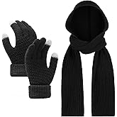 Chuarry 2 Pcs Winter Knitted Hooded Scarf and Gloves Set for Women, 3 in 1 Hat Scarf Wrap Shawl and Warm Touch Screen Texting Gloves for Men Women Winter Balaclava, Black