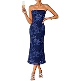 ZESICA Women's Summer Strapless Floral Midi Dress 2026 Bodycon Mesh Tube Wedding Guest Cocktail Party Formal Dresses