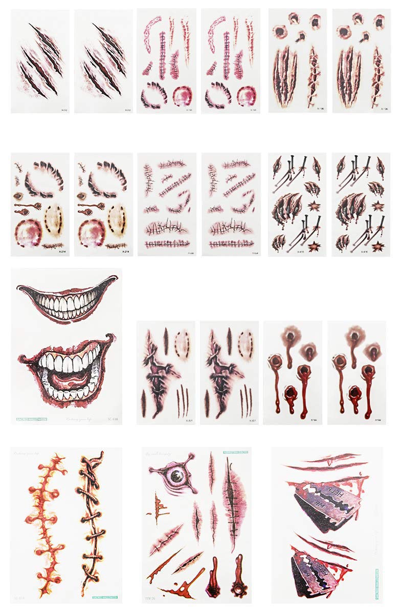 Ahier Halloween Zombie Makeup Stickers, Halloween Tattoos Fake Blood Makeup, Halloween Zombie Scars Tattoos Stickers party, 20 Pack Halloween Tattoos for Adults.