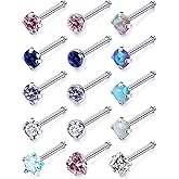 Qiwnswoy 15 Pcs 18G 20G Surgical Steel Nose Rings Studs for Women Opal Nose Rings Diamond CZ Nose Studs L Shaped Nose Nostril Piercing Jewelry Hypoallergenic