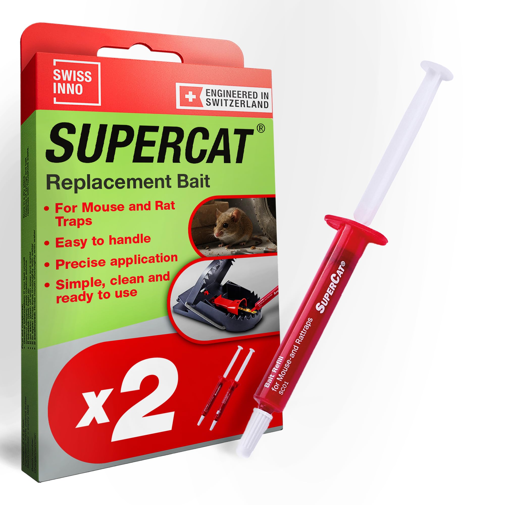 SWISSINNO SuperCat Bait Syringes Mouse & Rat Trap Bait Refill with Peanut Butter – Food-Based Rodent Attractant for Mouse Traps and Rat Traps, Indoor Rodent Control, Pack of 2