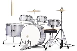 Ktaxon 5-Piece Complete Junior Drums Set, 14 Inch Beginners Drum Kit with Throne Stool, Pedal & Drumsticks, Drums Musical Instruments W/Cymbal, Hi-Hat, Floor, Tom and Snare Drum (Silver)