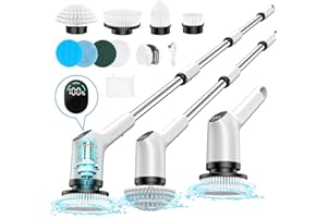 KATALIC Electric Spin Scrubber, 2024 Upgrade Cordless Shower Scrubber with 8 Replaceable Brush Heads and 3 Adjustable Speeds, LED Screen and Extension Handle,Power Cleaning Brush for Bathroom Tub Grout Floor