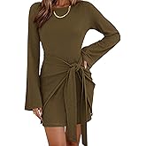 dowerme Women's Casual Mini Dress 2026 Bell Long Sleeve Boat Neck Tie Waist Bodycon Dresses Knitted Party Spring Outfits