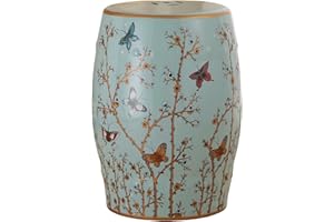 HYFANIYH Ceramic Drum Garden Stool, Flower and Butterfly, Classic, Cottage, Country,Living Room, Bathroom, Balcony, Patio (Blue&Gray)
